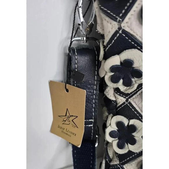 H2Z Leather 3D Floral Navy/Lt. Gray Crossbody Purse Boho Hippie Retro UPCYCLED - Picture 4 of 10